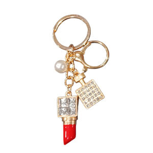 Rhinestone Lipstick, Perfume Bottle, Pearl Bling Keychain Purse Charm Red & Gold